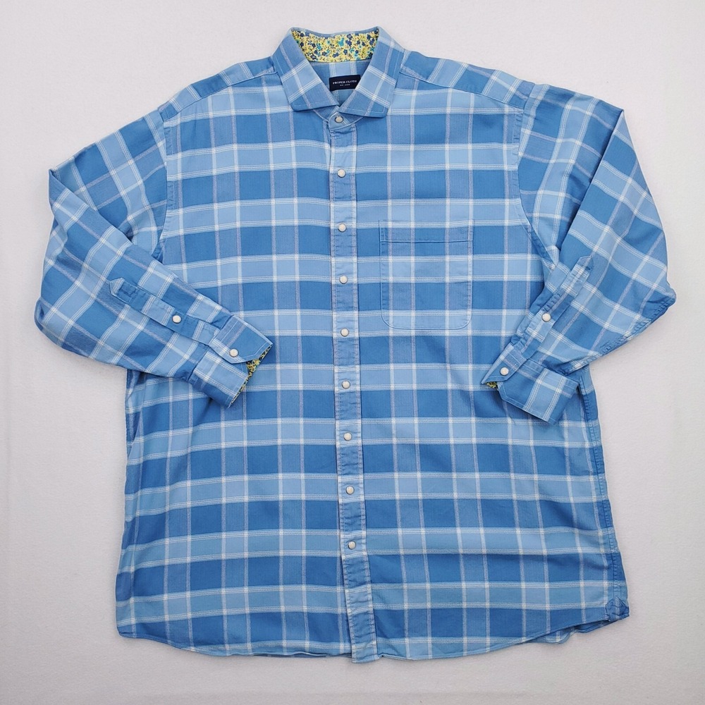 Proper Cloth Shirt Mens 3XL Blue Plaid Pearl Snap Front Western Flip Cuff Heavy